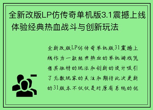全新改版LP仿传奇单机版3.1震撼上线 体验经典热血战斗与创新玩法